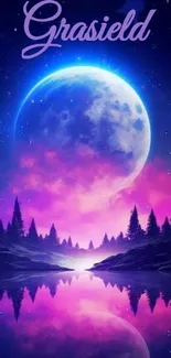 Mystical scene with moon, lake, and trees in vibrant purple hues.