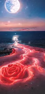 Glowing rose path under a dreamy moonlit sky.