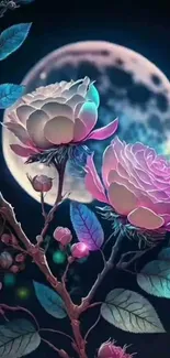 Mystical roses under a full moon night.