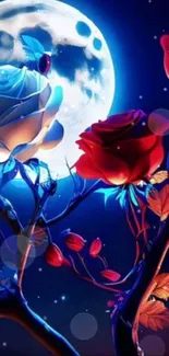 Moonlit roses with a glowing full moon in a fantasy-inspired wallpaper.