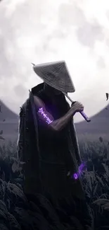 A lone samurai stands under a full moon, illuminated by neon purple accents.