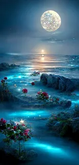 Mystical ocean with moon and glowing waves.