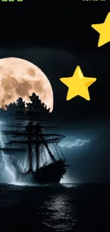 Silhouetted ship sails under full moon on dark ocean.