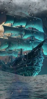 A turquoise ship sails under a moonlit sky with raindrops visible.