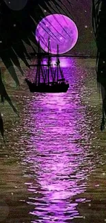 Ship sailing under a purple moonlit sky with palm branches in silhouette.