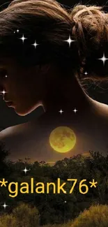 Woman's silhouette against a moonlit forest backdrop.