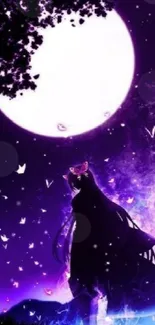 Silhouette of a figure with butterflies under a full moon in a purple night sky.