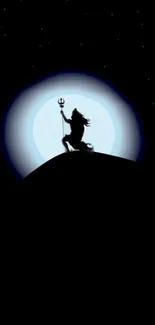 Silhouette of a figure with a trident under a glowing moonlit sky.