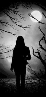 Silhouette of a person against a full moon with bare trees in black and white.