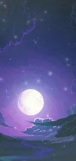 Mystical moonlit sky with vibrant purple hues and celestial elements.