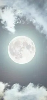 Full moon surrounded by clouds in a mystical sky.