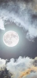 Full moon against a cloudy night sky.