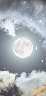 Moonlit night sky with stars and clouds wallpaper.