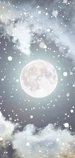 Mystical moonlit sky with clouds and snowflakes mobile wallpaper.