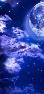 Night sky with full moon and stars on mobile wallpaper.