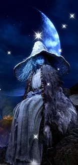 Mystical sorceress sits under a moonlit sky in enchanting fantasy art.