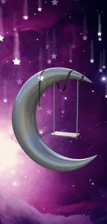 Mystical moonlit swing with stars in a purple cosmic background.