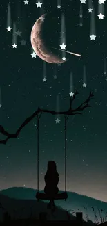 Silhouette on swing under crescent moon and stars in a mystical night scene.