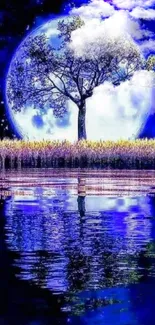 Mystical tree reflected in moonlit water against a starry night sky.