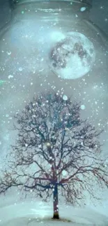 Mystical moonlit tree in jar with stars background wallpaper.