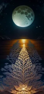 Mystical nighttime wallpaper with a glowing moon and ornate tree pattern.