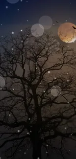 Mystical wallpaper of a silhouetted tree under a full moon and starry night sky.