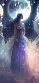 Mystical three figures under moonlight in a fantasy-themed wallpaper.