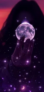 Woman holding glowing moon against a starry, purple night sky.