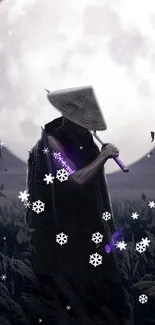 Mystical figure walks beneath a full moon in an enchanting dark field scene.