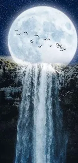 Moonlit waterfall cascading at night under a starry sky with birds flying.