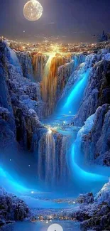 Blue waterfall under moonlight with glowing streams.