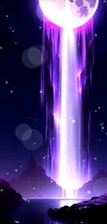 Mobile wallpaper of a purple moonlit waterfall cascading in a mystical night scene.