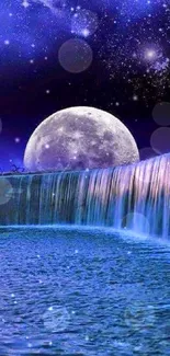 A serene waterfall under a mystical moonlit sky.