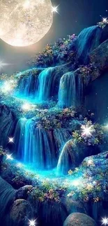 Moonlit waterfall with glowing flora and vibrant blue colors.