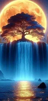 Artwork with a magical tree and moonlit waterfall.