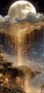 Mystical waterfall under moonlight with celestial glow.
