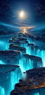 Moonlit waterfall cascade under a serene night sky.