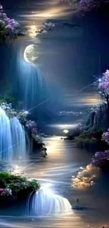 Mystical moonlit waterfall with lush greenery and blossoms, glowing in tranquil night.