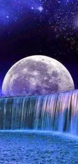 Moonlit waterfall with starry sky background.