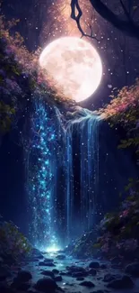 Mystical landscape with moonlit waterfall and lush foliage.