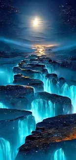 Stunning moonlit waterfalls cascading under a starry night sky.