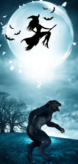 Silhouette of a werewolf under a glowing moon with a witch flying in the sky.