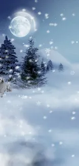 Mystical winter landscape with a wolf and snow under a full moon.