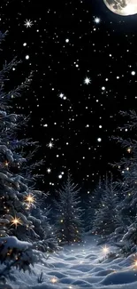 Snowy forest under a starry night sky with a full moon.