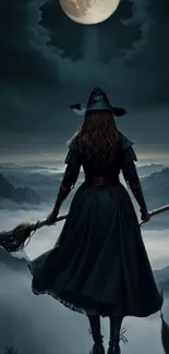 A mysterious witch stands under a glowing full moon in a dark, misty mountain landscape.