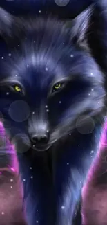 Mystical wolf in a moonlit purple forest scene.