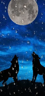 Wolves howling under a full moon in a dark blue sky.