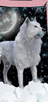 Mystical white wolf in snowy, moonlit landscape wallpaper.