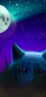 Mystical wolf silhouette under a bright full moon and starry night sky wallpaper.