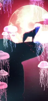 Mystical wolf howling at night under a glowing moon with jellyfish.